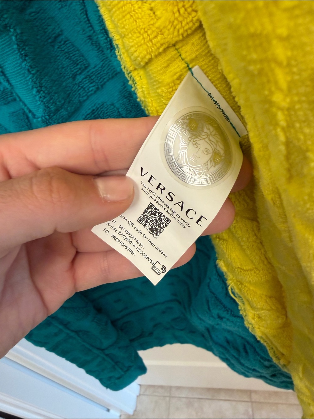 Versace Teal and Yellow Plush Logo Robe with Baroque Trim - Picture 3 of 5